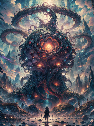 best image quality, masterpiece, super high resolution, BREAK Picture an unfathomable horror, an outer god of the Cthulhu mythos that defies description and comprehension. Its form is a writhing mass of tentacles and tendrils, constantly shifting and undulating in a grotesque dance. BREAK Its many eyes are cold and unfeeling, as if gazing upon the world from an alien perspective. The creature towers over everything in its path, dwarfing mountains and cities alike as it strides through the cosmos. BREAK Its skin is slick and slimy, with strange runes etched into the surface that pulse with an eldritch energy. The very air around the outer god shimmers with power, distorted by its mere presence. BREAK It emits a sound that is not quite a roar, not quite a scream, but something altogether more sinister and unsettling. This is a being that is beyond mortal comprehension, a creature from the void that defies all attempts at rationalization or understanding. BREAK The image of this outer god is a testament to the dark and terrifying depths of the human imagination.