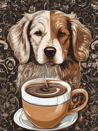 heartwarming vector art featuring a delightful cup of coffee and a lovable dog sharing a special moment together. Illustrate the coffee cup with steam rising, showcasing the rich aroma of a freshly brewed cup. Add intricate details to the coffee's froth and foam, giving it a realistic and inviting texture. Place a cute and friendly dog next to the coffee cup, with a bright and curious expression, eagerly sharing the morning experience. Set the scene in a cozy kitchen or a sunny caf� to enhance the feeling of warmth and companionship. This style should evoke a sense of comfort and joy, capturing the beauty of bonding over a cup of coffee, isolated, black background, in the style of 0mib