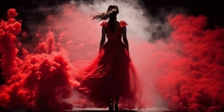 I got my red dress on tonight, Dancin' in the dark in the pale moonlight, my hair up real big beauty queen style, High heels off, I'm feelin' alive, red dress made of red smoke --ar 2:1