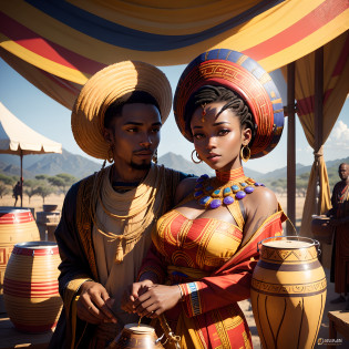 Traditional African marriage of a black man and black woman both wearing African traditional clothes, in an african designed tent, full of coloured African designed instruments, with a celebrating congregation carrying african designed presents like drums, pots, whole scene in African designed colours, beautiful daylight reflecting on the African instruments, shining a bright and vibrant light, with iridescent light, photorealistic image, 32k, ultra HD, cinematic lighting, artgerm style
