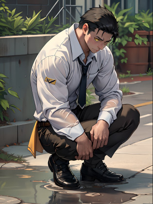 A3R1, Hector Fey ?Multi-view upper body? Suit pants view?legs separated?A3R1,pissing?Pee yourself?His own urine ran down his thighs?perfect male figure? Aerith Gainsborough ,The suit pants are wet?Urine runs down the leg of the trousers?Yellow eyes?Half squat?legs separated?Can't hold back urine?wants to pee?Wear a tie?wearing leather belt?Long Sleeve White Shirt??The shirt is soaked??Black hair short hair?perspire?Black suit trousers?dress shoes?Nervously bow your head?is shy?embarressed?exhilarated?is shocked?panicking?worry?exteriors?On dry ground? A small puddle of his own urine formed around his feet?half squatting?Very eager to pee?Unbearable?Can't help but pee?Urine flows from the crotch to the legs?Incontinence?It's uncomfortable?Very anxious?Sweat runs from the crotch?Wet yourself?urinating?high detal?hentail realism?ultra-realistic realism?three sided view? A masterpiece of careful planning?A high resolution? hyper HD ?anatomy correct?super detailing?best qualtiy?A high resolution?8K