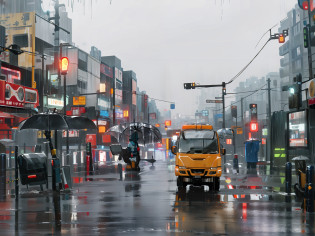 There was a truck driving down the street in the rain, wet street, Wet streets, rainy street, photograph of the city street, rainy streets in the background, In the evening rain, it is raining heavily, wet market street, at evening during rain, Rainy environment, street, rainy and gloomy atmosphere, rainy scene, It just rained