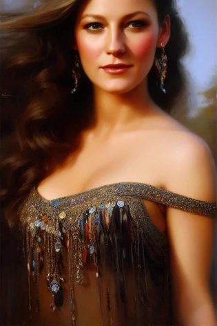 [Blake Lively | Kirsten Dunst], a real perfect female anatomy of woman with black hair, elaborate dress, 8k, earrings, jewelry, nature, landscape, ocean, stunning eyes, amazing eyes, full body, hyper details, volumetric lighting, cinematic lights, epic cinematic, vivid colors, extremely high detail, very long hair, wallpaper, 3d, denoise, Illustration, Painting, Cover Art, style of Pino Daeni
