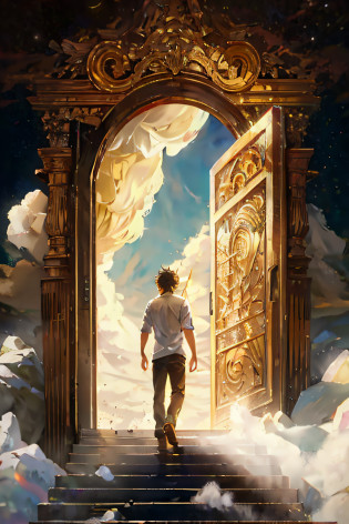 arafed image of a man walking up a flight of stairs towards a golden door, gold gates of heaven!!!!!!!!, heavens gate, heaven gate, doors that are cosmic portals, magic portal in the sky, the gates of heaven, portal to another world, dream portal, gates of heaven, magic doorway, tall golden heavenly gates, open portal to another dimension --auto