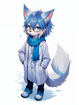 Anime character with arctic fox ears wearing lab coat and blue scarf,Arctic fox with fluffy blue fur and tail,Wear half-rimmed glasses,Arctic fox beauty in lab coat,  Fox scientist, professional furry drawing