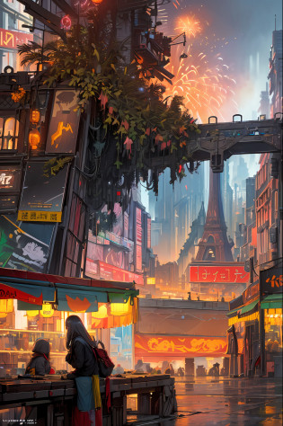 ((masterpiece)),((best quality)),((high detail)),((realistic,)) Futuristic era city, architectural streets, bazaars, cyberpunk, european architecture, night, neon, panoramic view, various buildings, new year, fireworks, panoramic, colorful fireworks, sky with fireworks, landscape, detailed face, detailed bright eye, highly detailed eye