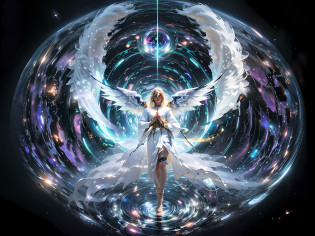 fish-eye lens, cosmic background, Countless twinkling galaxies and stars, Convoluted, Ultra-realistic full-length shot of an angel praying for viewers in the center of a circle, The microcosm revolves around angels, face to the viewer, Offer mercy, Comfort and love, stunningly beautiful face, The majestic twin wings of an angel growing from the back of an angel, Ultra-realistic and ultra-detailed real wings, Beautiful snow-white robes and translucent darkness, Long Blonde Hair, Hair and stars mix, Fantastic and sacred (1:1), ultra-detailliert, A hyper-realistic, Countless small lights twinkle?Blend into the darkness, ultra intricate, New splash art never seen before in space, Captivate your audience?Give your audience direction to move forward, What's next?. It is a masterpiece that will continue to win many awards in the future......