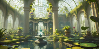 A gigantic greenhouse with a central round fountain with large water lilies with flowers, vines, orchids, bromeliads, large ornate glass windows, ornaments, golden, many plants, tropical plants, marble walls, dynamic light, 8K, masterpiece, ultra detailed, beautiful.