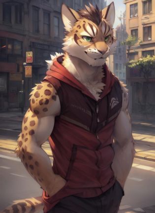 <lora:shu-chi-09:0.8>, yan shu chi, solo,  by Pixelsketcher, by Bayard Wu, by Thomas Benjamin Kennington , by Einshelm, detailed eyes, street background, (full body), sleeveless, sleeveless hoodie, hoodie, leopard tail, tail, green eyes, day, street