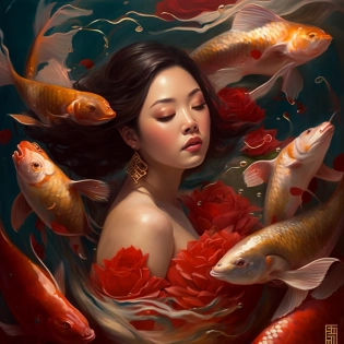 A group of koi around a young beautiful bride, stunning, dreamy romantic, falling roses and petals, golden and red tones, silly girl on dark red background, unrealistic, rich in detail, cinematic lighting (sharp focus:1. 4), (korean:1. 2), (american:1. 1), detailed beautiful face, black hair, (detailed open blazer:1. 4), tie, beautiful white shiny humid skin, smiling
