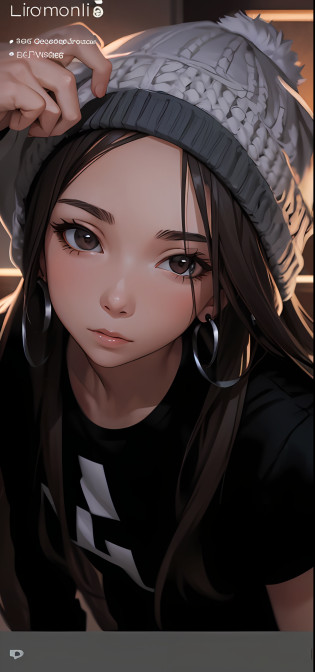 1girl, solo, long hair, light hair, written clothes, brown eyes, looking at the viewer, beanie, lips, upper body, closed mouth, shirt, earrings, high boss excellent quality evolution 8k ambient lighting