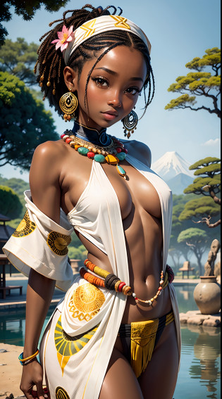 Imagine a captivating painting, sculpture, or digital artwork that celebrates the unique beauty and cultural fusion of a young girl of East Asian (Japanese) and Central African (South Sudanese) descent. 

Visual Elements:
1. Portrait: Create a central focus on the girl's face, emphasizing her striking features that reflect her East Asian and Central African heritage. Illustrate her almond-shaped eyes, dark skin, nubian nose, african lip, delicate facial structure, and a warm, radiant smile, evoking a sense of grace and inner strength.

2. Cultural Attire: Dress the girl in a combination of traditional Japanese and South Sudanese garments. Combine the elegance of a Japanese kimono with vibrant and colorful fabrics found in South Sudanese cultural attire, such as a beautifully patterned headwrap or a vibrant tribal-inspired necklace. These elements should symbolize the girl's roots and honor both her ancestral lineages.

3. Symbolic Imagery: Incorporate symbolic elements that represent the merging of Japanese and South Sudanese cultures. For example, in the background, include cherry blossom trees, symbolizing Japan's beauty and transience, gently blending with African baobab trees, representing longevity and strength. Additionally, consider incorporating other symbolic elements like koi fish swimming alongside African wildlife, signifying the coexistence of two vibrant ecosystems.

4. Background: Set the artwork against a backdrop that blends elements from both East Asian and Central African landscapes. Merge elements like serene Japanese gardens, with their meticulous arrangements of stones and water features, alongside vast African savannahs with silhouettes of animals like elephants or giraffes. This integration showcases the harmony between different natural environments, mirroring the girl's harmonious heritage