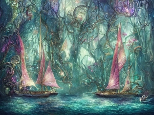 GORGEOUS FANTASY Fairytale sailboat by anna dittman background: HYPERDETAILED lovely magical landscape, river beetween a magical glowing lighting green and dark-green forest, magical teal lights and sparkling between the hyperdetailed trees by android jones and artgerm, fairytale fairy ship, faerie boat, enchanted, otherworldly, fey; hyperdetailed maximalist luminous sparkles; Stunning masterpiece by Jonas De Ro, russ mills, H. R. Giger, Josephine Wall, Michael Page; natural colors, detailed matte painting, deep color, fantastical, intricate detail, splash screen, complementary colors, fantasy concept art, 8k resolution trending on Artstation Unreal Engine 5"