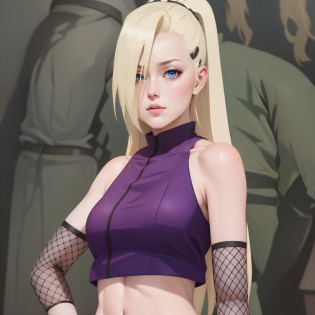 ((Best Quality: 1.5)), ((Masterpiece: 1.2)), ((Realistic Cartoon: 1.3)), ((Perfect Character: 1.5)) (masterpiece: 1.2) 1girl, a closeup of a person in a purple top and black gloves, INO of naruto, inspired by INO, as an anime character, Ino Yamanaka of naruto, anime character, female anime character, anime style, anime girl called INO,  Anime girl from the future, Ino Yamanaka in slug sage mode, blue eyes, long blonde hair. 1 girl, 1girl