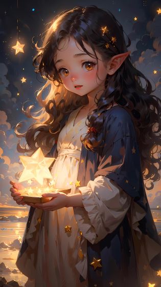 1girl, elf, pointy ears, long hair, dark blue hair, glowing golden eyes, star mage, dark blue and gold mage robe, starlight, star,  <lora:starlight:1>