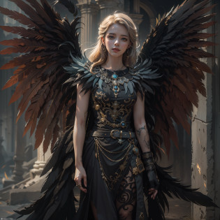 (Numerous award-winning masterpieces, with incredible detail, textures and maximum detail), (full-body standing image:1.8), (upper body up:0.3), (hyper realistic:1.4), (realistic:1.3), (best quality real texture skin), (Lord's Hell Demon Warrior: 1.6), (Holds a sinister straight sword hilt that emits an elaborately decorated glow of hellfire: 1.9), (finely detailed true circle Symmetrical eyes), (finely drawn beautiful face), ((medieval world)), (Full body armor with delicate decoration that gives off a sinister shine: 1.8), (full-body standing image:1.8), (Beautiful yet evil eyes), (Opens mouth wide and laughs happily), (Smiling cruelly), (Eyes of a sinister color filled with malice), (Majestic thunderclouds and sky with shining lightning: 1.4), (halo optical phenomenon:1.3), Dramatic Light, majestic sight, (Large wings with Jet black feathers behind the shoulders:1.7), (((Folded wings))), Glass earrings on the ears, (((dramatic photo))), (full-body standing image:1.8), (Sacred Pose), (golden hair), (silver hair), (chestnut hair), Short cut hair, ((looks up)), ((looking down)), (Around her neck is a simple necklace of exquisite workmanship), Old ruins infested with plants, great temple, great cathedral, temple ruins, detached temple, (Luminous magic circle), Ruins of an ancient castle, Deserted ruins, crumbling ruins, Ancient ruins with clear water, highly detailed, ultra-realistic, intricate details, painting (artwork), ((masterpiece,best quality)), ((cinematic light)), hyper realistic, fearsome, dark fantasy, Sacred Light, epic realistic, faded, ((neutral colors)), art, (hdr:1.5), (muted colors:1.2), hyper detailed, (art station:1.5), cinematic, warm lights, light effect, dramatic light, (intricate details:1.1), complex background, (Greg Rutkowski:0.8), (teal and orange:0.4),