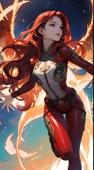 Beautuful Women?a cool?20th generation female?long red wavy hair?Red leather?body suit?heel?ornamented?a belt?breastsout?glareing?With keen eyes?realistic illustration?loimu?Big Flaming Wings?loimu?wingspan?Angelic?Cover the sky?wingspan?plural?Fantastic decoration?full body Esbian?look up sky?Reach for the sky?It's like dancing in space??Effect Effects??art by?Fantasia?Beautuful Women?