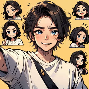 1 Handsome adult male?White T-shirt?Disney  style?Black strokes?various emotions?8K,Very short hair?healer?Look here?The forehead is protruding?A smile?Pointing?forefinger