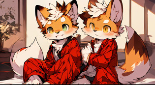 Style picture of a squirrel in pajamas sitting on the edge of the bed, Shota?large tail?Shota?Wear slippers?commission on furaffinity, very very beautiful furry art, furaffinity commission, squirrels, jazza and rossdraws, Furry art!!!, zerochan art, Colorful squirrel city, Detailed fanart, fursona art, wearing fancy clothes, Furry tail,