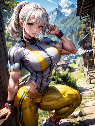 (Best lighting) , (ultra intricately detailed) , 4k unity, (super-detailed CG: 1.2) , (8K: 1.2),(Original), (??) , (Best quality),(??:1.4),Anime-ish high quality,(??),??, Best quality, Absurde,((masterpeace, 4K, 8K, high resolucion))1girl huge large breasts, She was hiking a mountain?Head to a mountain resort, hiking clothes, Spring, boots, Perfect figure, short yellow asymmetrical hair, Sweat, Dynamic pose, ((body builder:1.5)),temple background,(Beautiful bace),(girl),(Female),(((Upper body:1)))
