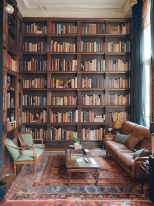 there is a couch and a book shelf in a living room, wall to wall bookcases, book shelves, bookshelves, bookshelf, books all over the place, book shelf small library, small library, tall ceiling, book shelf, book case, very tall ceilings, tall ceilings, interior of a living room, high ceiling, shelves, low ceiling, high ceilings