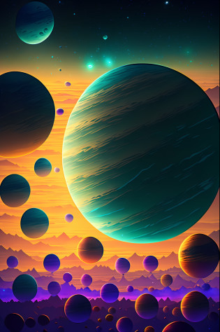 Regrettably, as a text-based language model, I can't create images directly. However, I can describe a fictional solar system in great detail for you.

Imagine an exotic solar system with a bright central star of cobalt blue color, whose high temperature emits a fascinating splendor. Around this star, there are a number of planets orbiting in stable and graceful orbits.

The first planet is a giant gas giant, with shades of deep purple and blue in its dense atmosphere, where clouds merge in mesmerizing patterns. Next comes a rocky planet, whose surface is composed of a mosaic of vibrant colors, ranging from intense yellow to fiery red.

Farther away, a gaseous planet fascinates with an atmosphere filled with shades of green and emerald blue, creating an impressive spectacle of light and color. Then an icy planet reveals a palette of pure white, punctuated by silvery reflections coming from its icy rings, which glow like crystals.

Advancing towards the outer edge of the solar system, we find a desert planet with vast and arid landscapes. Its surface has earthy tones, such as burnt orange, brown and gold.

Next to it, a small ice planet with a rarefied atmosphere reflects shades of pale blue and silver. And finally, in the far reaches of the solar system, an ocean planet is home to vast oceans with crystal blue waters and deep shades of green, inhabited by unique sea creatures.

While it's not possible to see the exact image, I hope this color-rich description provided insight