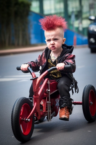a cute tough toddler riding a red cyberpunk tricycle::1. 2, toddler has an aggressive attitude with an angry facial expression and a punkrock mohawk hairdo and wearing a leather vest, busy city street with traffic, tricycle has three wheels, --no helmet, sunglasses --ar 2:3 --q 3 --v 5