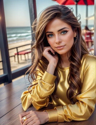 photo of (sh0hreh:0.99), a stunning beautiful young woman, hazel eyes, long messy windy light brown hair, closeup zoomed in tight crop portrait, sitting at a (table on a seaside boardwalk cafe bar drinks cocktails:1.2) wearing a (red designer long sleeve shirt:1.3) (drinks on table:1.3) (Lighting-Gold:1.2) foreground objects background details (masterpiece:1.2) (photorealistic:1.2) (bokeh:1.2) (best quality) (color grading) (detailed skin:1.3) (intricate) (8k) (HDR) (cinematic lighting:1.3) (sharp focus), messy windy hair --auto --s2