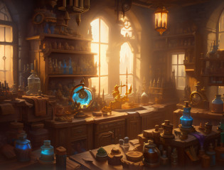 There is a room with many things on the table, fantasy alchemist laboratory, magic laboratory setting, Antecedentes de la Biblioteca Alquimista, Laboratorio de Wizards, Laboratorio de Alquimia, Antecedentes de Magic Lab, en una tienda de pociones, inside an old magical shop, Arte conceptual de Hearthstone, por Aleksander Gine, Arte conceptual de Blizzard Hearthstone, por Arthur Pan, Laboratorio de Alquimistas, Tienda de magia, Laboratorio misterioso
