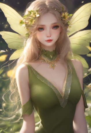 Fairy, green skin, grassy skin, textured skin, large ears, elfin ears, Chinese eyes, slender eyes, purple eyes, wings-fairy, sparkling wings, sunflower wings, releasing glitter, surrounded by purple glitter, slender legs, monster legs, insect-like monster legs,, wearing a t-shirt, formal shirt, short-sleeved formal shirt, short-sleeved pom-pom style formal shirt, short-sleeved light brown striped formal shirt, dreamy look, shiny dreamy look, with lip piercings, lip piercings on the sides, small nose, animalistic nose, small animalistic nose, eyebrows, arched eyebrows, dark eyebrows, arched dark eyebrows, long hair, wavy long hair, yellow wavy long hair, burnt yellow hair, long fingers, witch-like hands, holding hands, holding a white brownie, small French pastry, light freckles, facial freckles, green facial freckles, moss-green facial freckles, leaf-green facial freckles, medium neck, feminine neck, tall neck, shoulders, low shoulders, drooping shoulders, slender shoulders, medium-sized body, hourglass figure, feminine woman, genius woman.