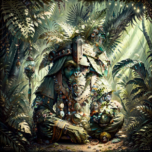 Cheerful Chimpanzee Head ((Shaman)),,((meditative state),,Shaman, elegant chimpanzee, hair with details, with Indian headdress on head, ((meditating)) many colorful feathers, colorful feathers, facing the camera, detail: dense tropical foliage, highly detailed intricate, ((masterpiece)), ultra hyperrealistic, masterpiece, tropical forest, tropical jungle, dense foliage, moss