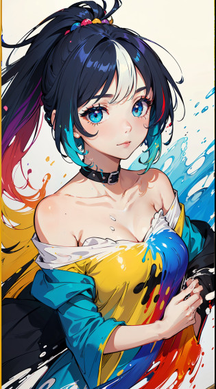 chibi,?cute ?1.9???full-body?2.8???solo?2.8?, ?Pink Fashion T-shirt?1.9???(Colorful hair: 1.8), (all the colours of the rainbow: 1.8),(((((vertical painting?1.6))), ?painting?1.6??front, comics, illustrations, paintings, large eyes, crystal clear eyes,? rainbow color gradient high ponytail?1.7?, exquisite makeup, closed mouth,(Small Fresh: 1.5), Small Chest, (Wipe Chest: 1.6) ?long eyelashes, white off shoulder T-shirt,  White Shoulder Shirt?looking at the audience, large watery eyes, (rainbow colored hair?1.6), color splash, solo, color splash, color explosion, thick paint style, messy lines, ((shining))?(colorful), (colorful), (colorful), colorful, Thick Paint Style, (Splash) (Color Splash), Vertical Painting, Upper Body, Paint Splash, Acrylic Pigment, Gradient, Paint, Highest Image Quality, Highest Quality, Masterpiece, Solo, Depth of Field, Face Paint,  colorful clothes, (Elegant: 1.2), gorgeous,long hair, wind, (Elegant: 1.3), (Petals: 1.4)?(((masterpiece))),(((best quality))),((ultra-detailed)),(illustration),(dynamic angle),((floating)),(paint),((disheveled hair)),(solo),(1girl) , (((detailed anima face))),((beautiful detailed face)),collar,bare shoulders,white hair, ((colorful hair)),((streaked hair)),beautiful detailed eyes,(Gradient color eyes),(((colorful eyes))),(((colorful background))),(((high saturation))),(((surrounded by colorful splashes))),(((surrounded by colorful dot))),Gradient, Exquisite CG, Crystal Clear, Extremely Beautiful, Charming, Shiny, Perfect, Ultra Clear, 16k, High Quality, HD,