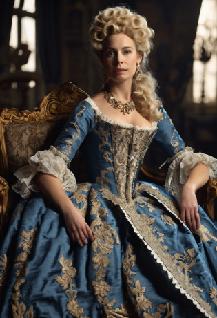 A blonde woman in a dark blue dress sits on a chair in the palace, rococo queen,  historical baroque dress, aristocratic clothes, rococo fashion, ornate royal gown, wearing a noblewoman's outfit, Rococo dress, intricate costume design, in a fancy elaborate dress, royal robe, 1 7 th century duchess, baroque dress?Plump and large breasts?ssmile?Gorgeous appearance