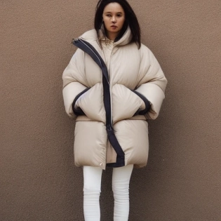 The woman in the photo is standing against a beige background, a Tumblr personality. Her outfit consists of a reflective puffer jacket and a poncho, both of which are in a stylish off-white color scheme. This ensemble could be a reference to an internet meme or trend, and it is currently trending on the design and architecture website Dezeen. The photo appears to be from a catalog, showcasing the latest in fashion trends for 2024. The accessories on display include a mac, a pair of 8. 0 LV sunglasses, and a folded piece by Mike and Wojtek Fus. Overall, this outfit embodies the cutting-edge fashion of the year and is sure to turn heads. --ar 2:3 --q 2 --s 750