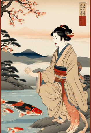 (masutepiece, Stunning murals in the style of Japan ukiyo-e, Depicting a woman observing two carp in a calm lake:1.3), (Meticulously crafted to capture the elegance and simplicity of ukiyo-e aesthetics:1.2), (Female posture and facial expressions reflecting a sense of contemplation and appreciation for the aquatic scene:1.1), (Intricate details of carp and delicate depictions of nature add to the authenticity of the style:1.1), (The use of muted colors and fine lines creates a sense of tranquility and harmony:1.1), (While capturing the essence of the tradition of ukiyo-e?Great attention was paid to depicting scenes of natural beauty:1.1), (A depiction that invites the viewer to a bygone era of Japan artistry and appreciation for nature:1.1), (With the timeless image of ukiyo-e?An image that encapsulates its ability to evoke a sense of peace and wonder:1.1), (A work that immerses you in the beauty of the traditional beauty of Japan:1.1), (Embracing the delicate beauty of the scene?An invitation to explore the world through the eyes of ukiyo-e:1.1))