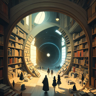 Arafed image of people, standing in the library with books, (Magic Library, Fantastic design, M�bius strip), Endless Books, Artworks of the Space Library, Book Cave, Fantasy book illustration, Spiral shelves, Complete Books, The Infinite Celestial Library, The Eternal Library, gothic epic library concept, The Magic Library, Japanese science fiction books, beeple and jean giraud, Books are everywhere