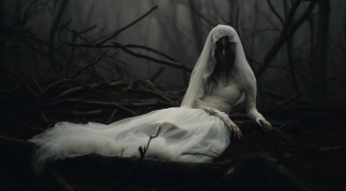 Fashion Photoshoot on a eerie foggy woods, a porcelain doll wearing a white torn dirty wedding dress, creepy pose, editorial photography, realistic, real human, uhd, color grade film, film --ar 314:175 --v 5. 1