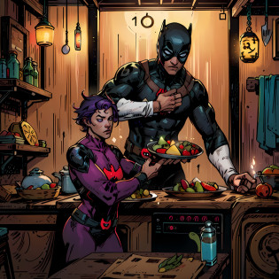 Deadpool, in his iconic red and black costume, is in a solid wood kitchen, with gleaming knives hanging on the walls. Neon lights create a creative and mysterious atmosphere, making objects and ingredients glow in vibrant shades of green, purple and blue. On the counter, brightly colored fruits and vegetables contrast with the subtle glow of the dark wood. Advanced technology delivers stunning realism, allowing every detail of the wood texture to be seen in high resolution, whether in 8k or 4k. As Deadpool cooks, he uses his irreverent personality and breaks the fourth wall, making hilarious and snarky comments about his cooking skills and experience in the superhero business. The scene is full of funny and unpredictable moments, as Deadpool juggles knives and ingredients while preparing an extravagant dish that somehow mixes the most unlikely tastes, resulting in a unique and deliciously insane meal. --auto