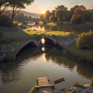 Best quality, realistic, realistic, extremely detailed, extremely refined and beautiful, RAW photos, an old and dilapidated stone bridge, under the stone bridge there is a small river leading to the distance, the river is flowing slowly, the river comes from afar, and flows in another direction, there is a wooden boat on the river, a few wild ducks fall on the wooden boat, the banks of the river are covered with dense reeds, the sunset reflects the river, sparkling, very beautiful scenery.