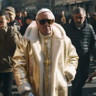 The pope with a big white bomber winter jacket walking inside the ghetto