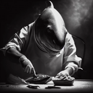 an anthropomorphic shark | dressed like a surgeon | spreading salt like salt bae | with a cut of meat from a sea lion on the table in front of him | dusty lab | sin city style | 8k | high quality | high detail |
