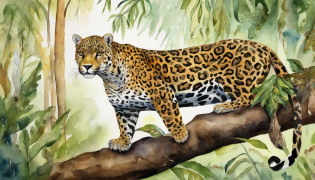 Jaguar on top of a tree, Pintura, aquarela paiting, Design amorfo, Surrealista,Jaguar; aquarela paiting; Felino,Jaguar in the jungle of the American Amazon,