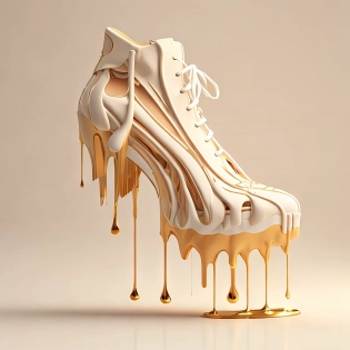 pair of shoes that are made of white chocolate| floating in air| melting and dripping with chocolate| 3D render| clean composition| a beautiful artwork illustration