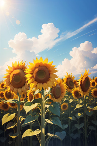 There are many sunflowers in the blue sky field, Scene: Sunflower field, Scene : Sunflower field, Sunflower field, in a sunny day, sunflowers, Sunflower background, sunflowers fields, Sunflower, beautiful sunny day, Colors : yellow sunflowers, Colors: yellow sunflowers, Helianthus flower, on a bright day, sunny sky, happy sunny day, in a sunny day,top-quality,Top image quality