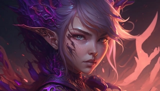 demon, fighter, horns, chains, purple fire, pink energy around the head:: anime, manga style, details:: --ar 16:9