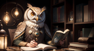 An image of an owl wearing glasses, reading tarot cards, owl assistant, by Kerembeyit, Radiant Owl, the wisest of all owls, night owl, Anton Semenov, the librarian, Art Direction: Galen Dara, Art Direction: Eddie Mendoza, Kerem Beyit, Dan Mumford, Tom Bagshaw, Art Direction: Adam Marczy?ski, incandescent owl, detailed art