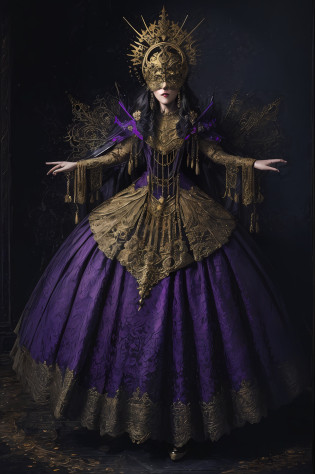 full body A woman with a blind gold mask, Purple and black gothic dress, Adornos de encaje, Tono mapeado, Altamente_Detallado, 1mujer (obra_maestra: 1.3), (mejor_Quality: 1.3), (ultra_Detallado: 1.3), 8k, sumamente_Claro, realismo, (ultra_realista: 1. 3), loco_Detallado, loco_Detallado, entrenado_Detallado, hiper_Detallado, ultra_Detallado, sumamente_Detallado, sumamente_Detallado, Alto_Detallado, De color, Beautiful, HDR, fotorrealista, Alto_resolution, ultra_Alto_Nada, Cinematographer, aesthetic, sumamente_delicado, ((fractal_arte)),colorido, (Arte de terror, horror), high resolusion, 16k, ...RAW, ...RAW, Ultra alto, Ultra detalles, Detalles finos, Sombra extremadamente delicada y hermosa, extremadamente detallado, realista,Foto de glamour, Premiado. (Arte de terror, horror),