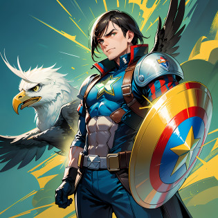 In the image, President Bolsonaro is dressed in a superhero outfit similar to that of Captain America, but with the colors green, yellow and blue, representing the flag of Brazil. He is holding a shield with the same coloration, with the eagle symbol highlighted. The president has a determined, confident expression on his face, as if he is ready to defend his country at any moment. --auto --s2