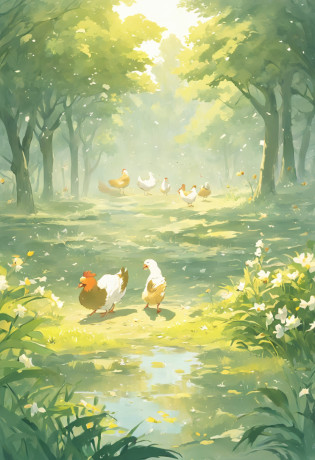 Early morning field?A gentle breeze?Several roosters sang the morning song?Sunlight shines through the clouds on the earth?Little birds sing happily in the trees?The mother duck in the pond takes the ducklings to swim in the water?A dog on the side of the road lies leisurely?
