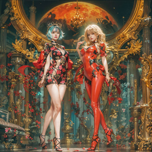 ((?masterpiece)?(top-quality)?(reallistic))?Dirty pair?Yuri and Kay?latex shiny:1.4?age19?2girls?Super Beauty Duo?Super Ultra Ultra Bikini?Beautiful tattoos:1.4?Bikini made of material so thin that the pubic area is clearly visible:1.4?Sexy Daughter?toppless:1.7?huge tit:1.4?Alphonse Mucha:1.4?The background is a future night city on the outskirts of the galaxy on the edge of the galaxy?Super Beautiful Duo?Outstanding style?Space Investigator?Crisp focus:1.5?Slender Abs:1.2?hips up high?A detailed eye?Raw photo?red-lips?Red high heels?a choker?a necklace??Nipple Ring?